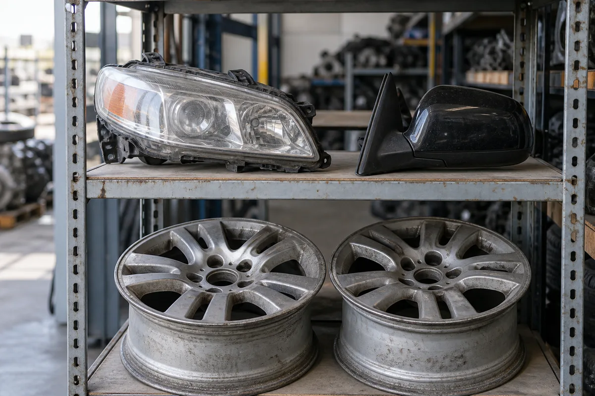 Des pièces automobiles réutilisables sur des étagères.