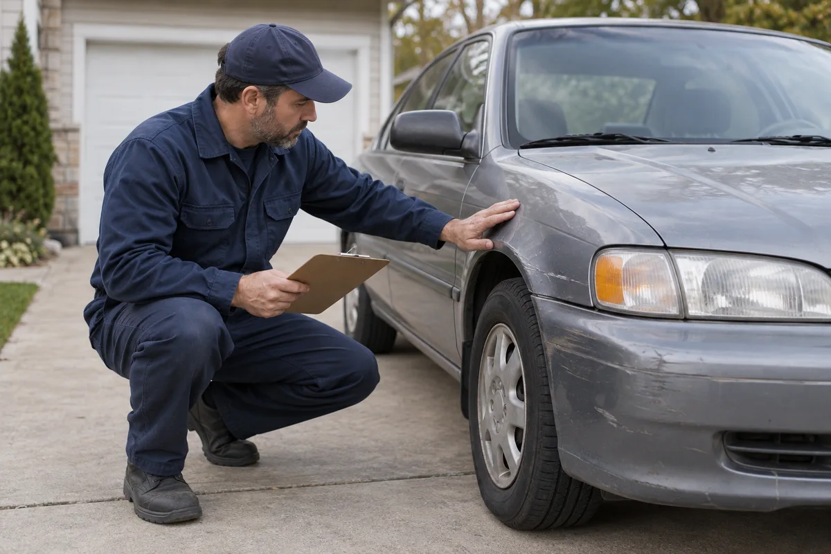 Une personne examine l’état d’une voiture.