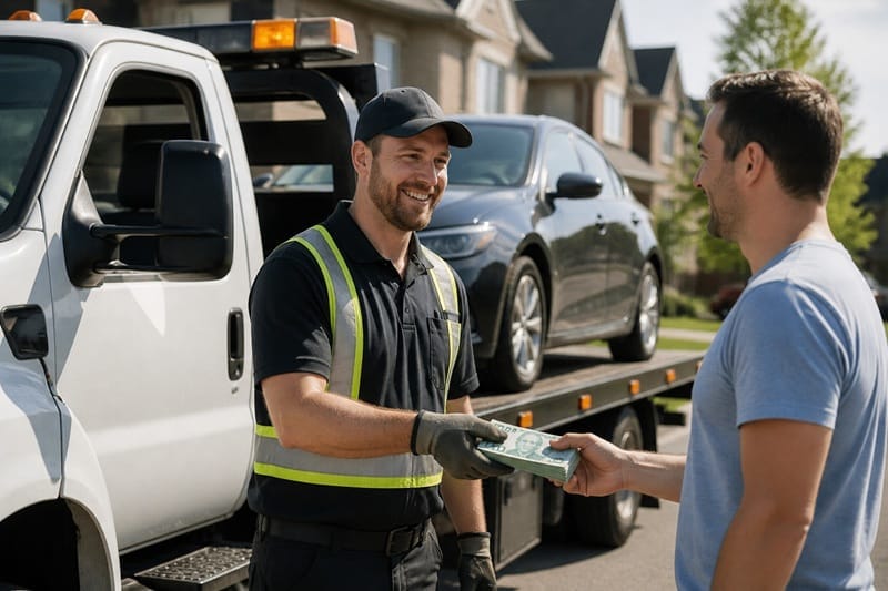 Tow truck arriving to collect an unwanted vehicle in Canada