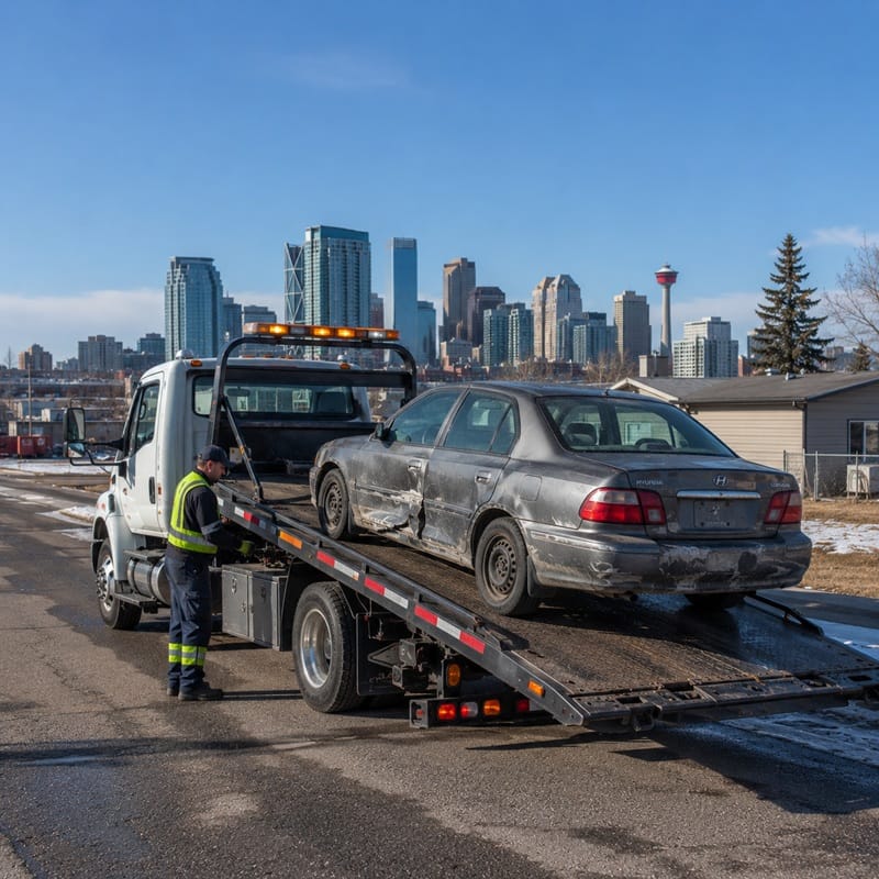 Scrap car removal truck picking up a vehicle in Alberta