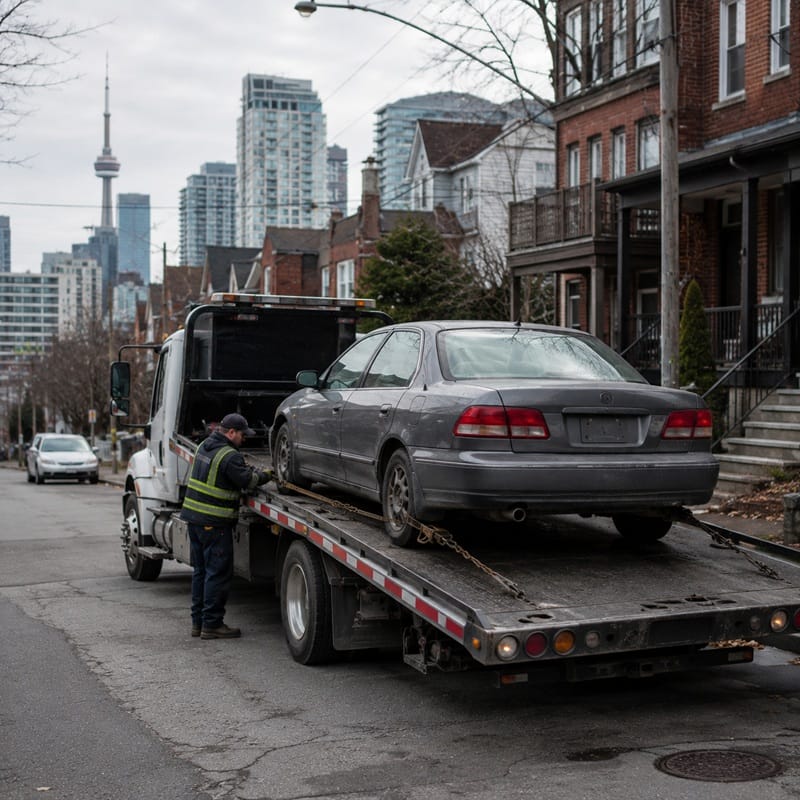 Scrap car removal truck picking up a vehicle in Burnaby British Columbia