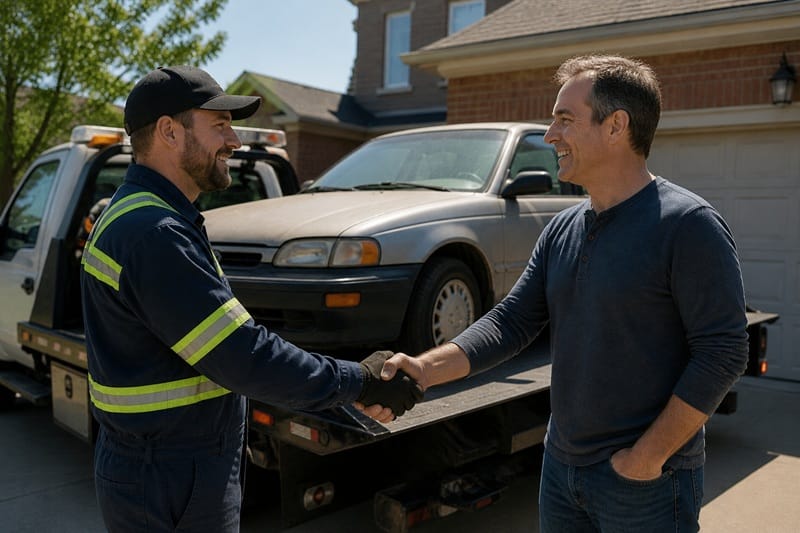 Tow truck driver shaking hands with a homeowner beside a loaded scrap car in a Canadian driveway