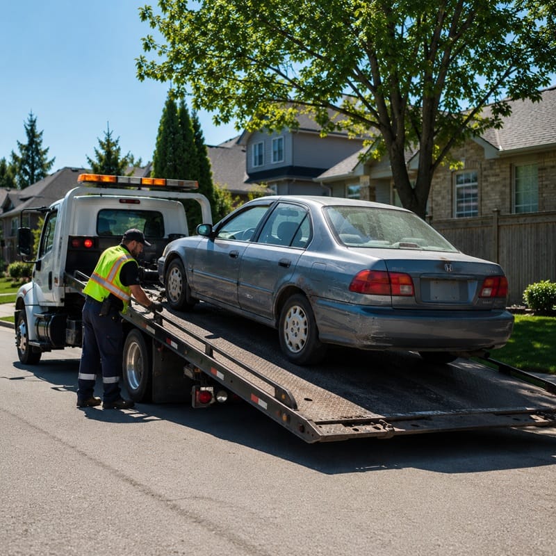 Junk car being removed by a tow truck in Canada