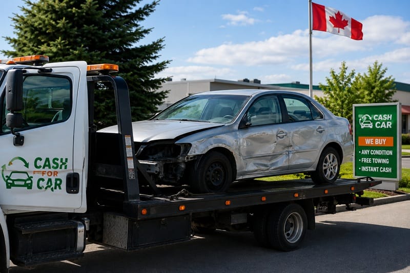 Scrap car being loaded onto a flat-deck tow truck in Canada